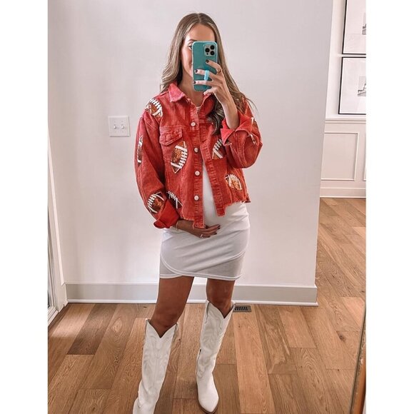 Women's Cropped Corduroy Jacket Sequin Football Patch Short Button Raw Hem - Picture 4 of 6